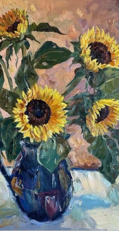 Sunflowers in a blue vase by Nadezda Stupina