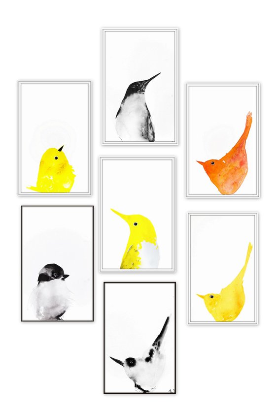Set of 7 Bird paintings.