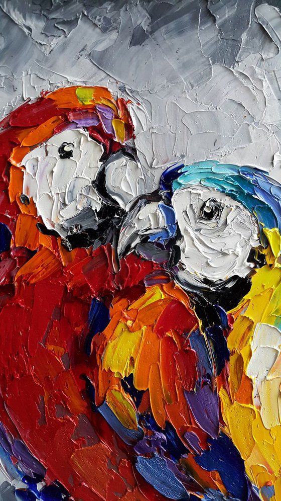 When i with you - bird, parrots, gift, love, birds love, parrots art, animals, oil painting