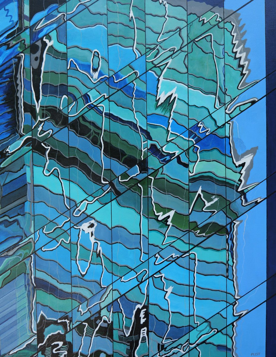 Photorealistic Cityscapes Acrylic Painting By Steven Fleit, 24 X 30", New York Reflection 8, Original Artwork