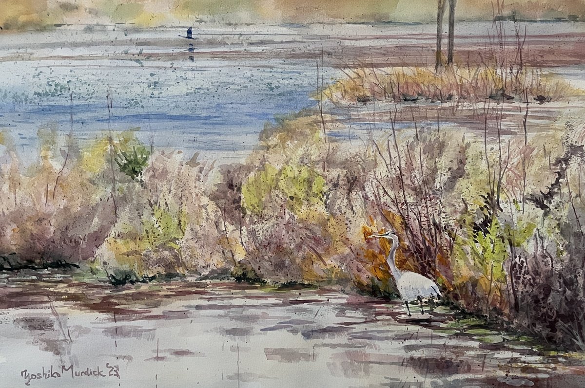 Impressionistic Animal Watercolour By Yoshiko Murdick, 22 X 15", Home Of Blue Heron, Original Artwork