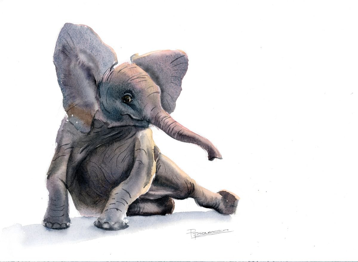 Illustrative Animal Watercolour By Olga Tchefranov (Shefranov), 14 X 10", Little Elephant, Original Artwork