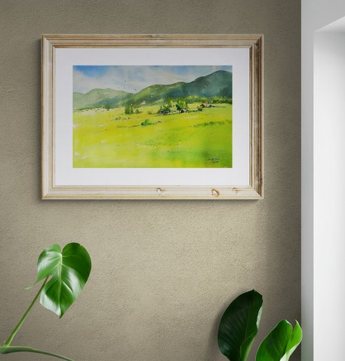Green European landscape, Slovenia Kranjska gora Original watercolor painting (2023) by Larisa Carli
