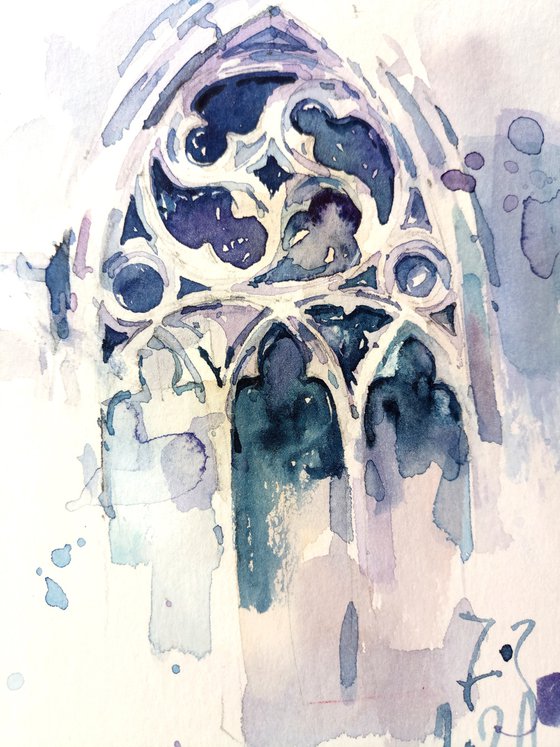 Architectural sketch in gray-blue tones "Rose of the Gothic window" - Original watercolor painting