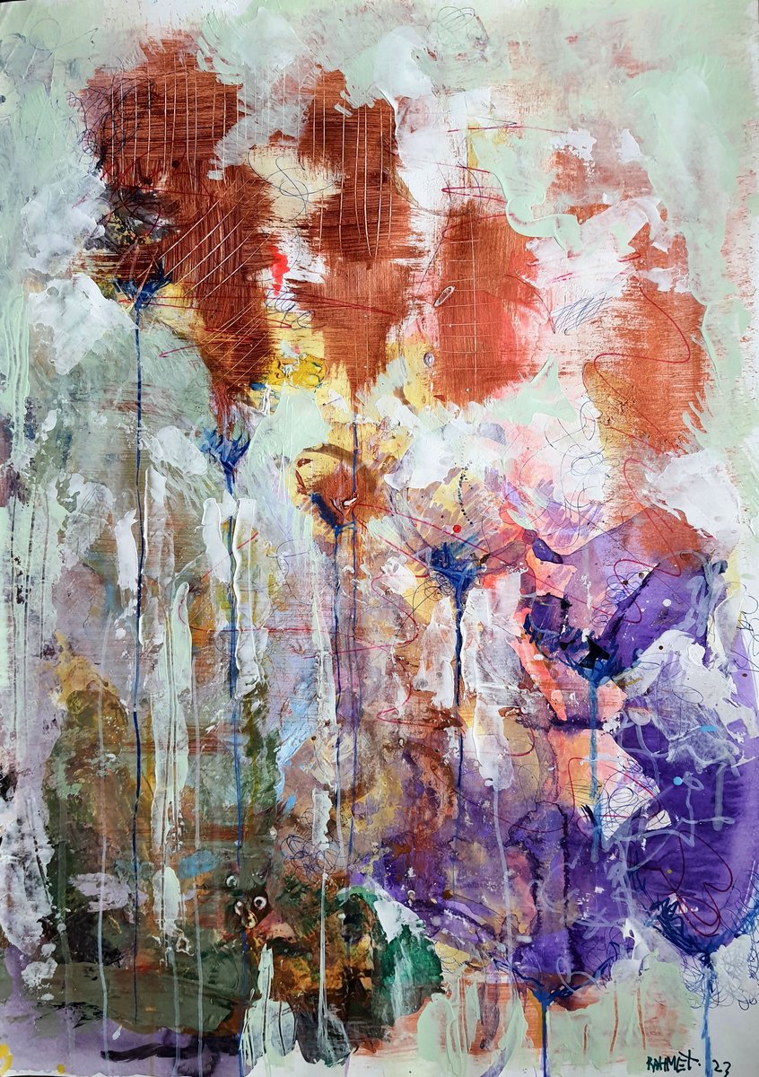 Impressionistic Botanical Acrylic Painting By Rakhmet Redzhepov, 17 X 23", Fantasy With Flowers 85, Original Artwork