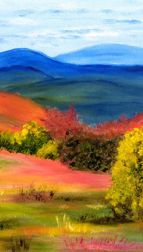 autumn mountain landscape original oil artwork impressionistic art" Red autumn in the blue mountains" by Halyna Kirichenko