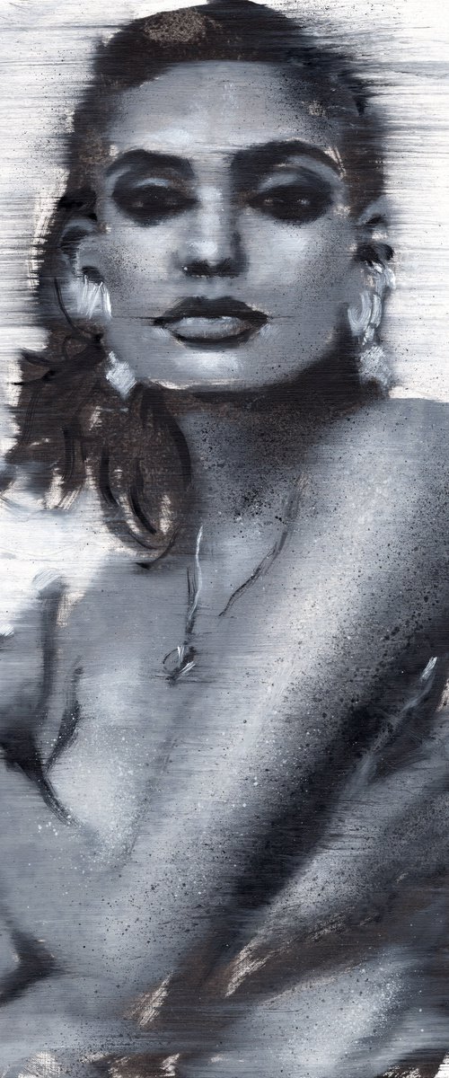 Charlee | Black and white nude woman oil painting on paper | beautiful powerful lady wearing figurative topless by Renske Karlien Hercules
