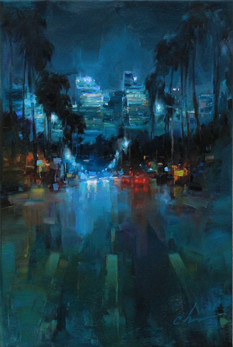 Impressionistic Cityscapes Oil Painting By Serhii Cherniakovskyi, 24 X 35", Streets Of Los Angeles, Original Artwork