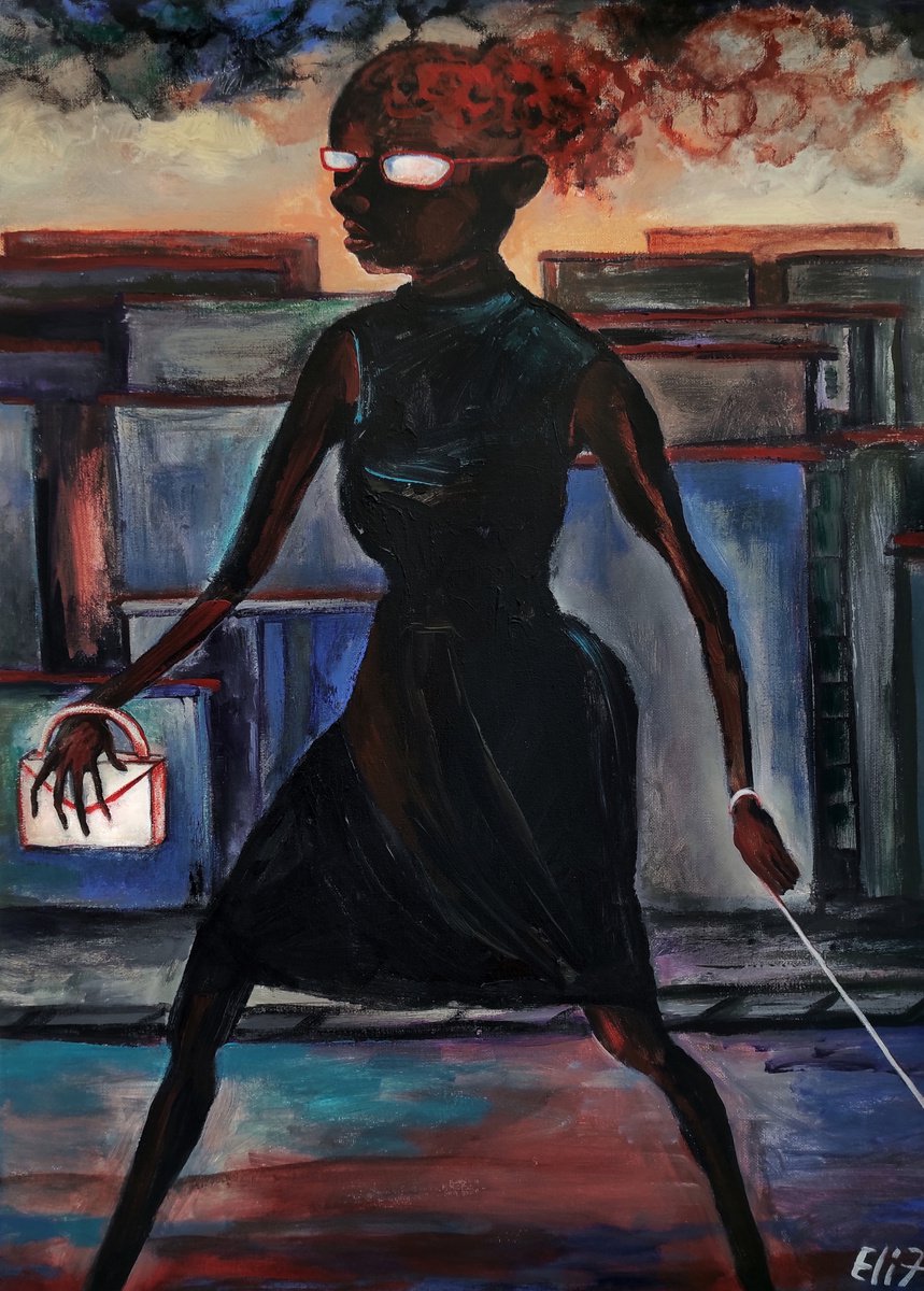 Expressive Portrait Acrylic Painting By Elisheva Nesis, 20 X 28, The Lady With The Dog, Original Artwork