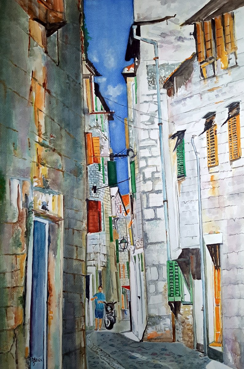 Impressionistic Cityscapes Watercolour By Zoran Mihajlovic Muza, 18 X 28", Mediterranean Street, Original Artwork