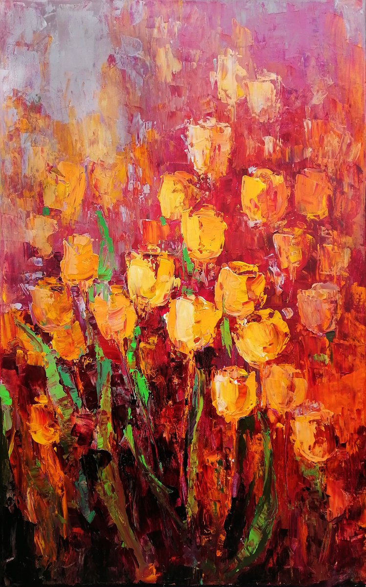 TULIPS PASSION, 60x95cm, blooming yellow tulips floral painting by Emilia Milcheva