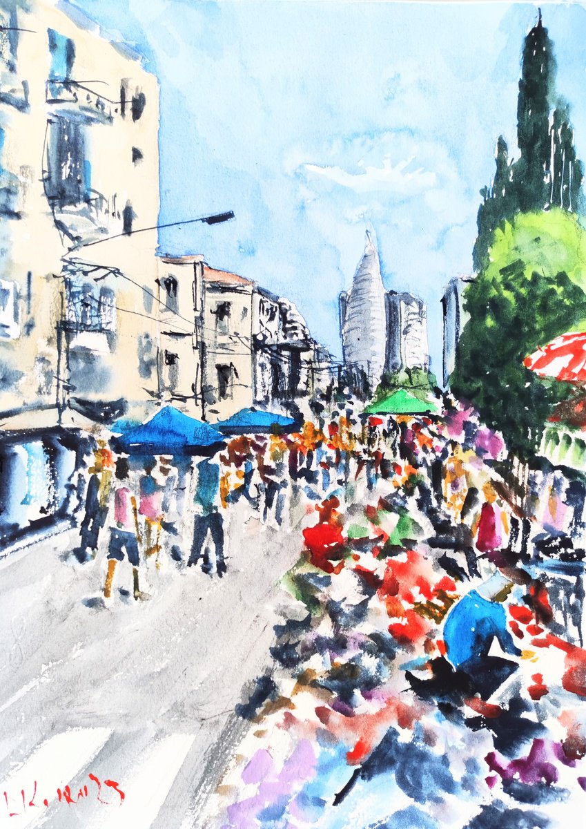 Impressionistic Cityscapes Watercolour By Leonid Kirnus, 10 X 14", The Flea Market, Original Artwork