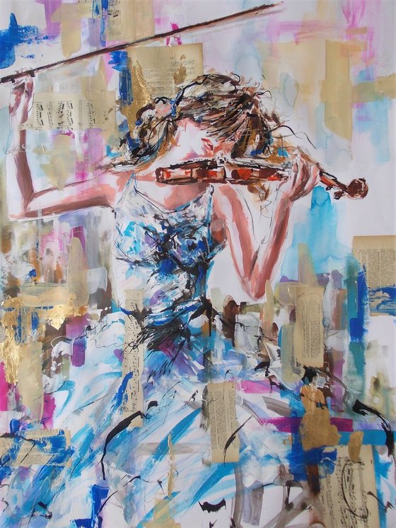 Allegro- Woman violinist acrylic mixed media painting on paper