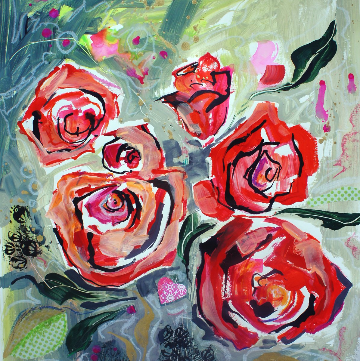 Expressive Botanical Painting By Julia Rigby, 28 X 28", Red Roses, Original Artwork