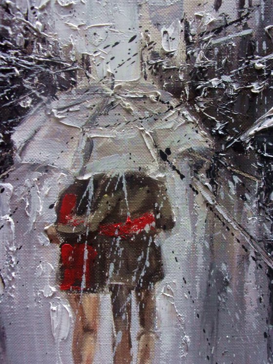 " WALKING IN THE RAIN IV " original painting CITY palette knife