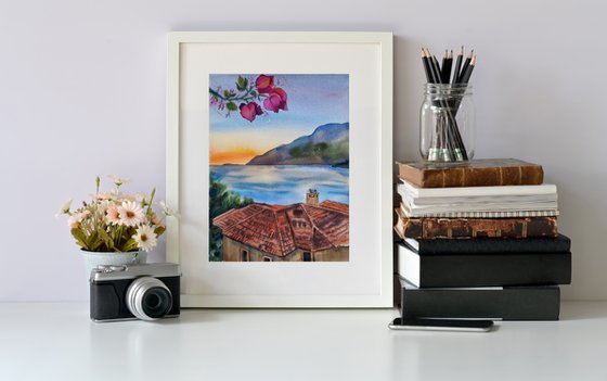 Mediterranean mood - original watercolor cityscape seaview