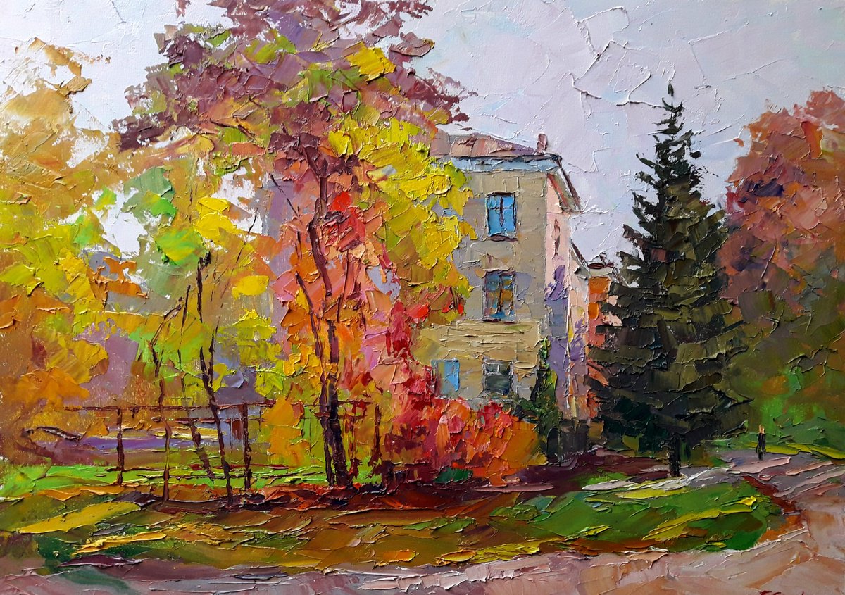 Impressionistic Landscape Oil Painting By Boris Serdyuk, 28 X 20, Cityscape With Autumn, Original Artwork
