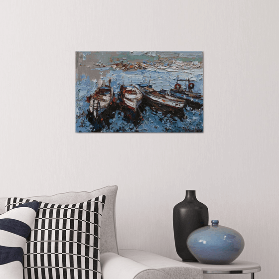 Boats in the bay - Original oil painting