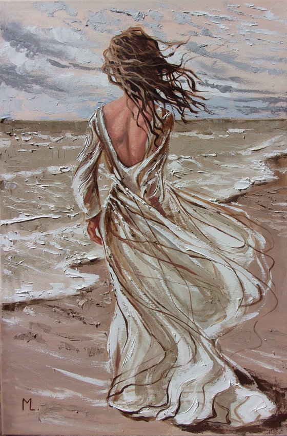 " WALKING ON THE BEACH ... "  SUN SKY SEA SAND liGHt  ORIGINAL OIL PAINTING, GIFT, PALETTE KNIFE