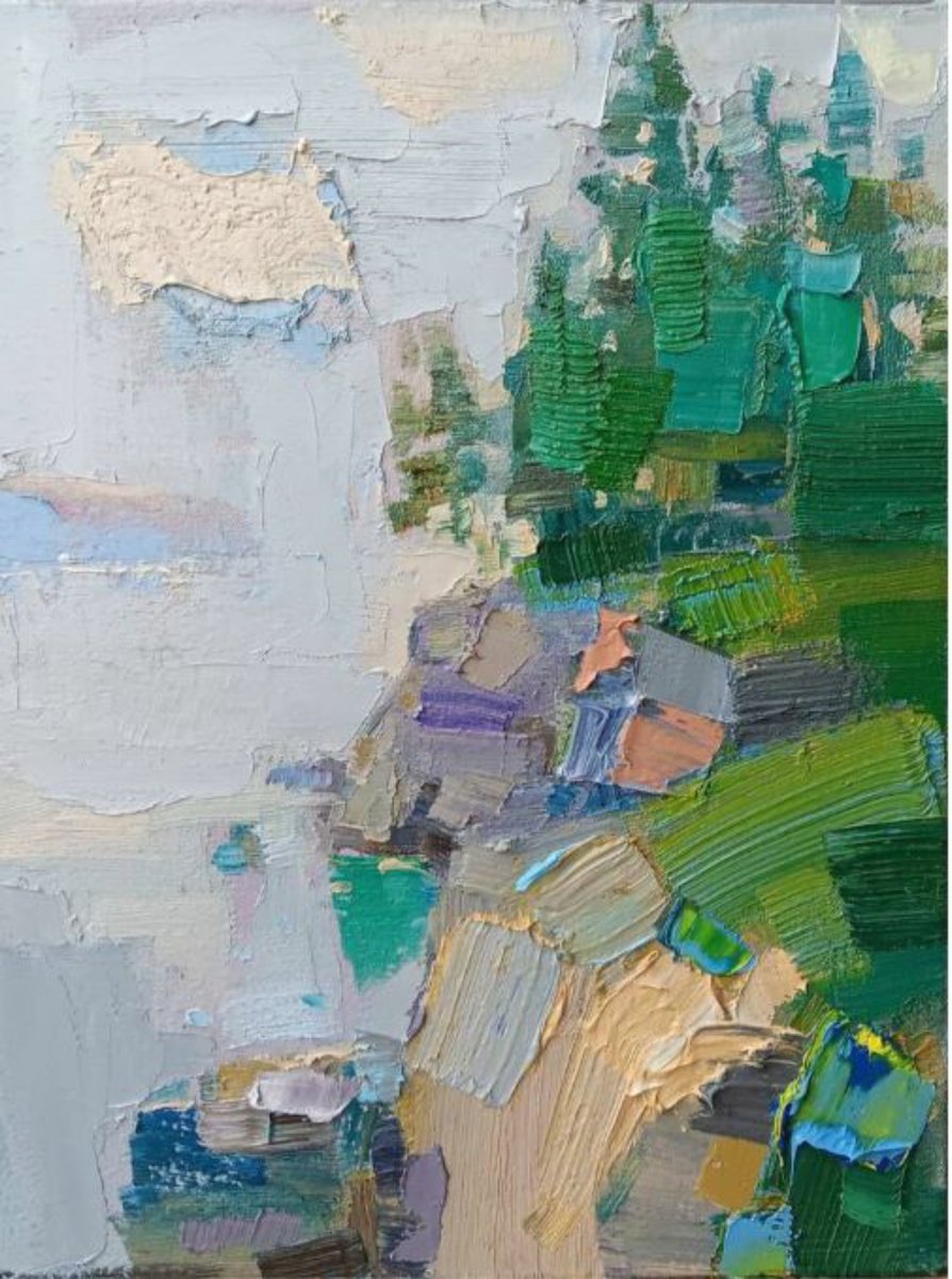 Impressionistic Landscape Oil Painting By Ruslan Khais, 13 X 17", Mist, Rocks, Pines ., Original Artwork