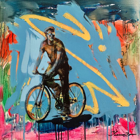 Bright painting - "Ukrainian cyclist" - Urban Art - Pop Art - Bicycle - Street Art