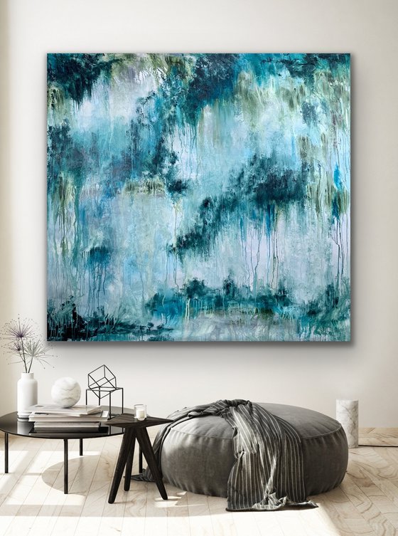 78''X75''(200X190CM), The Sacred Land, blue, olive green, turquoise, green black, texture, land earth colors canvas art  - xxxl art - abstract art painting- extra large art