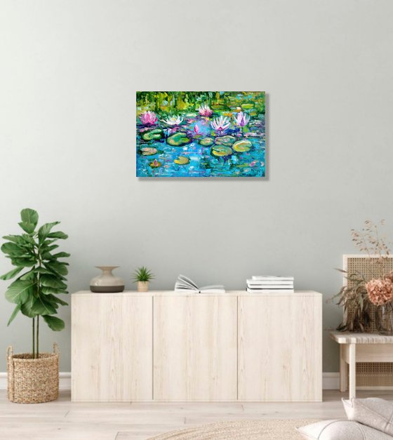 Nympheas, Water Lily Painting Original Art Monet Pond Landscape Artwork Floral Wall Art, 60x40 cm, ready to hang.