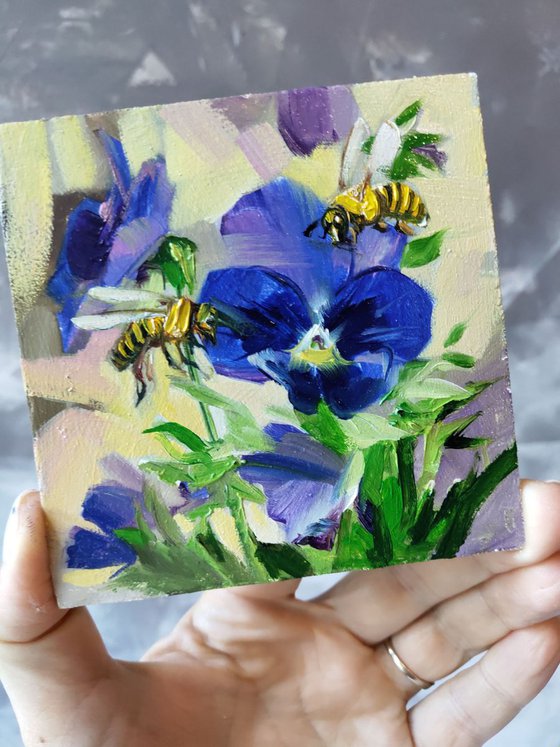 Bee artwork, Bee art painting original, Couple gift idea anniversary, Blue flowers painting, Small painting of animals, Bee picture frame