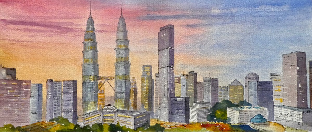 Impressionistic Landscape Watercolour By Brian Tucker, 18 X 7, Evening In Kuala Lumpur, Original Artwork