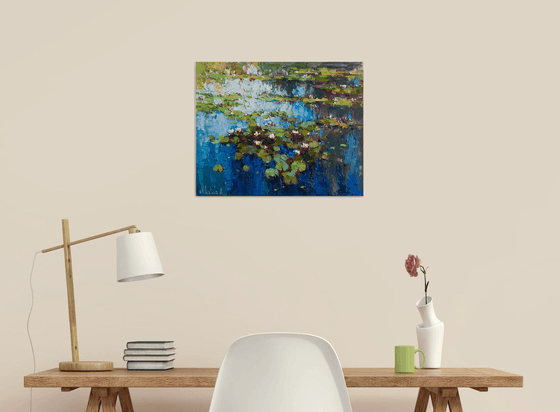 White Water Lilies - Pond flowers  Impasto Original Oil painting