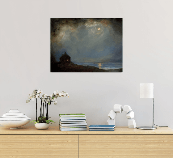 Home: Moonlit Sea. Original Acrylic Painting on Canvas Impressionist home decor gift.