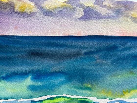 Ocean Watercolor Painting, Sunset Seascape Original Artwork, Coastal Wall Art, Beach House Decor