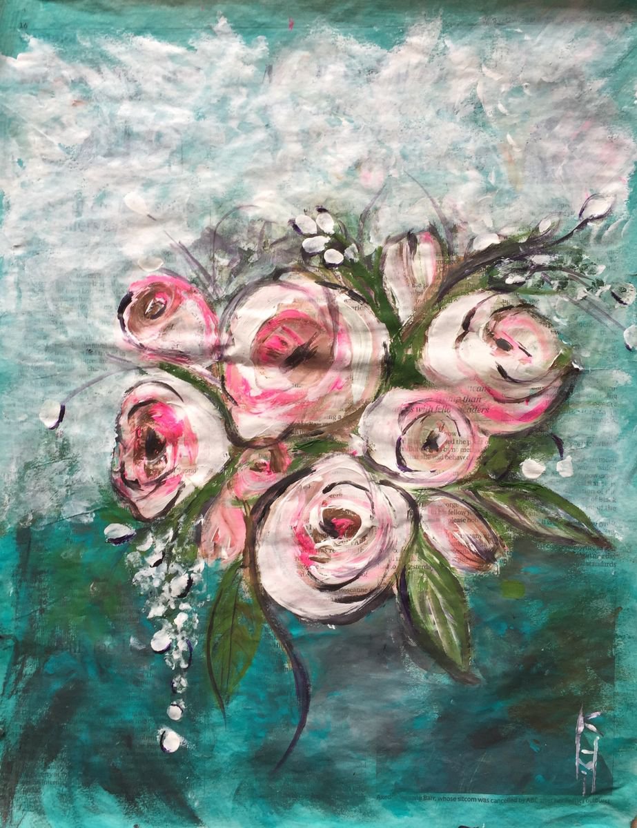 Pink Roses II Acrylic on Newspaper Nature Art Flower Painting of Colour Floral Art Still L... by Kumi Muttu