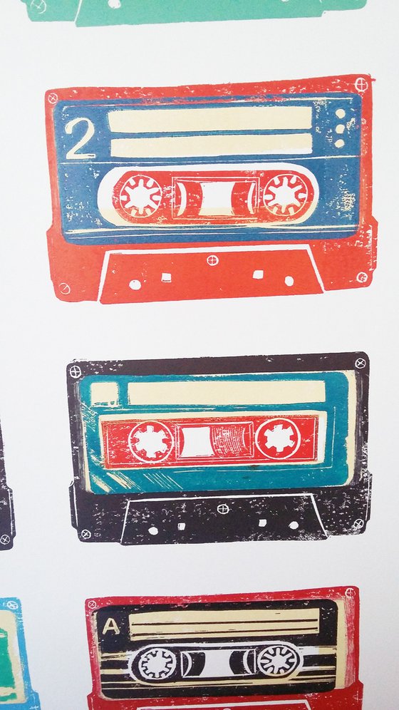 Linocut tapes #36 (cassette tapes, retro music, 70's, 80's rock culture)