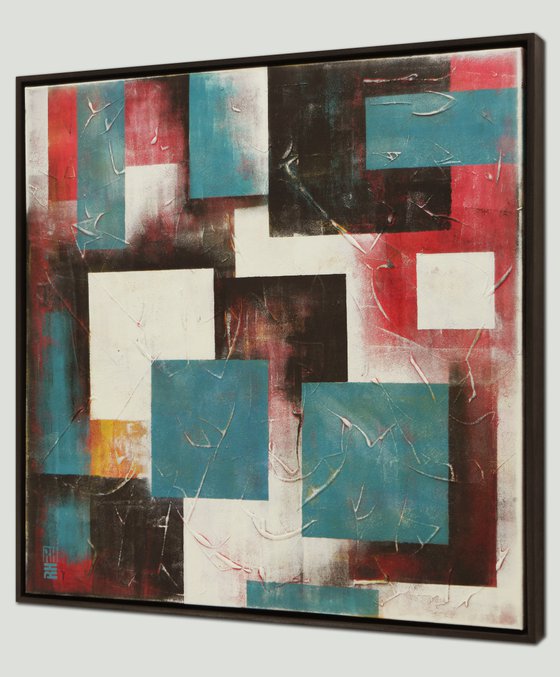 Incl Black Frame - Red City Square - 85x85 cm - Original painting by Ronald Hunter - 15J