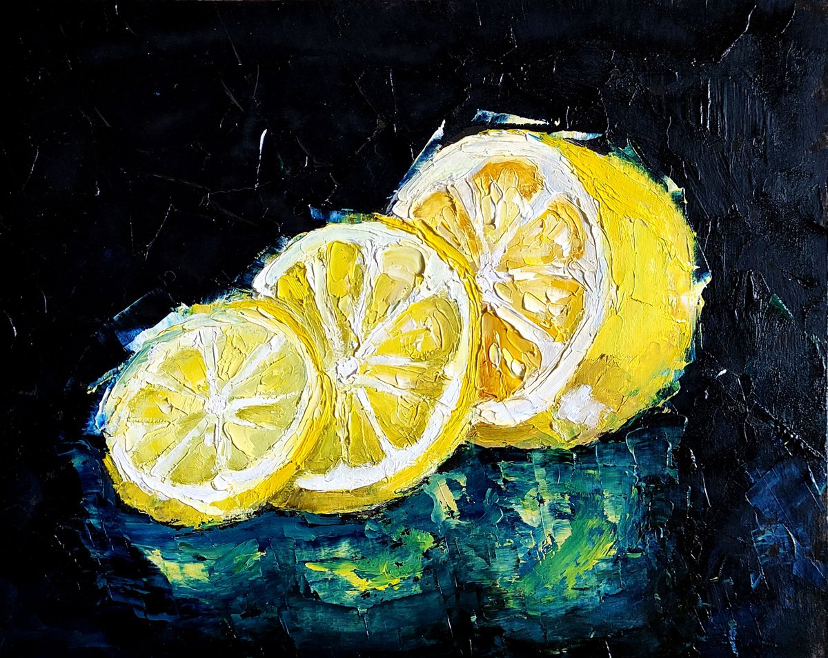 Lemon Painting Original Art Fruit Artwork Citrus Wall Art Small Kitchen Decor by Yulia Berseneva