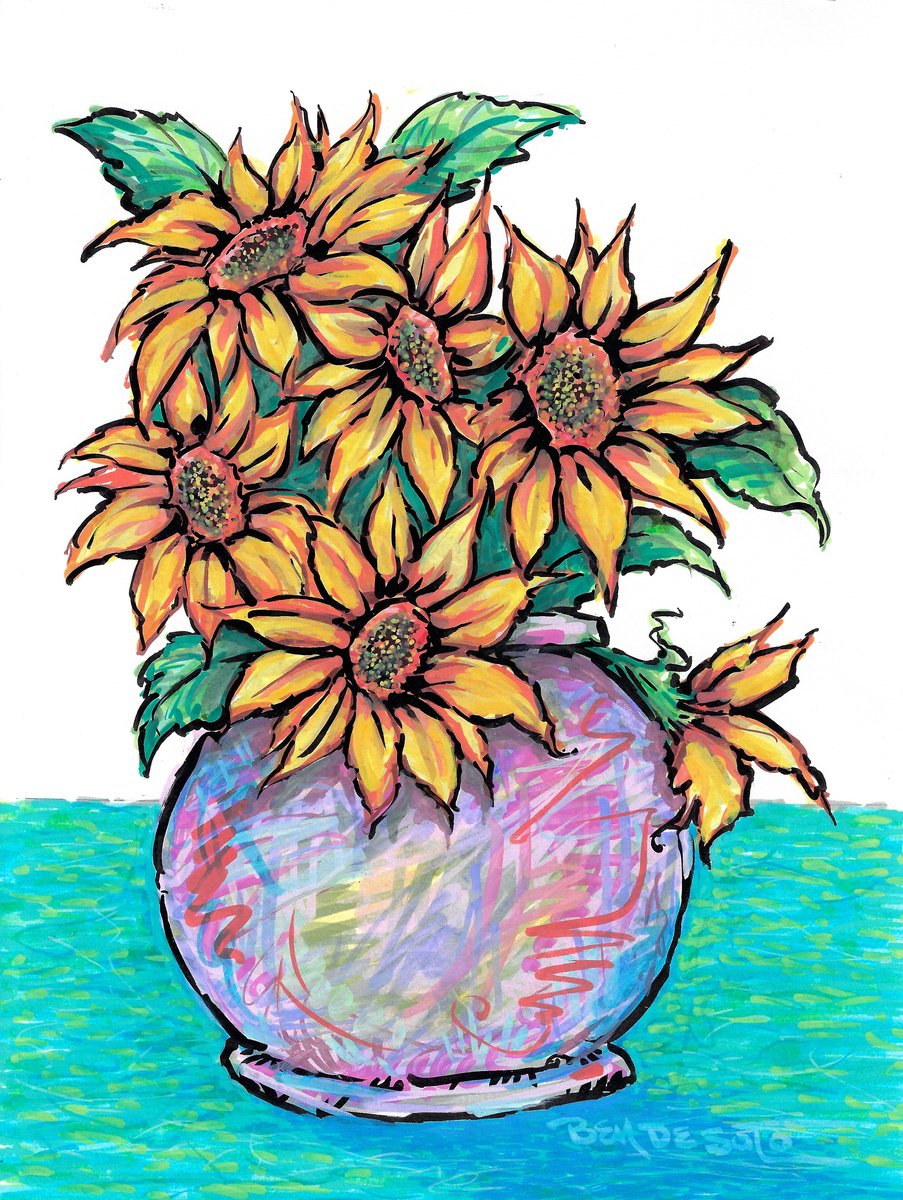 Botanical Painting By Ben De Soto, 9 X 12, Sunflowers, Original Artwork
