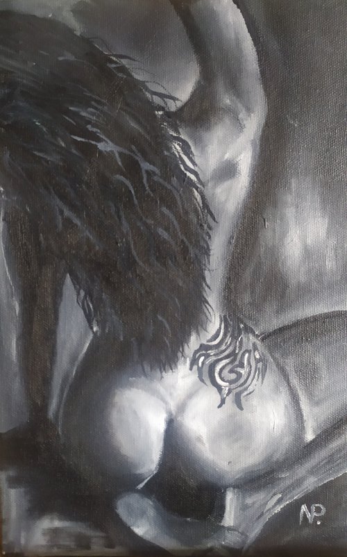 Tattoo, original nude erotic girl oil painting, Gift, bedroom painting by Nataliia Plakhotnyk