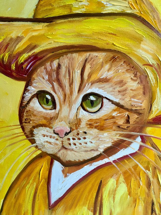 Cat in a straw hat with green eyes La Vincent Van Gogh