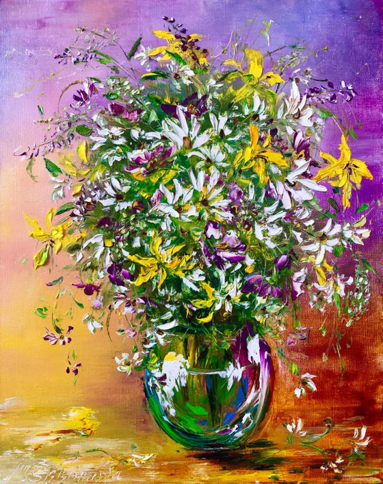 SUMMER FIREWORKS - Amazing bouquet. Bright flowers. wild lilies. Summer bouquet. Floral still life. Yellow. Vase.