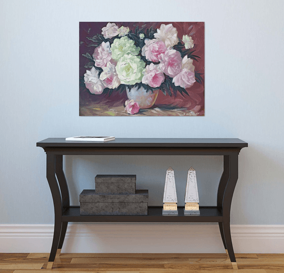 Peonies in vase (60x80cm, oil painting, palette knife)