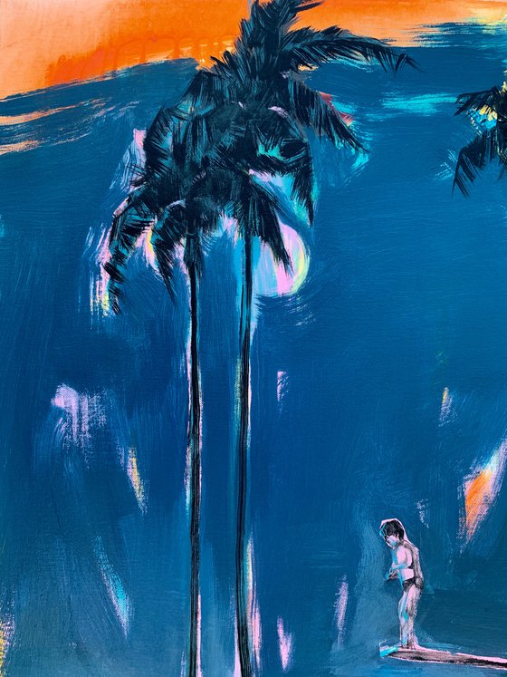 Big vertical painting - "Jump moment" - Pop Art - Palms - Swimming pool - Diptych