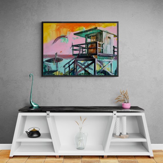 Big painting - "Surf in Miami Beach" - Bright painting - Pop Art - Urban - Surfing