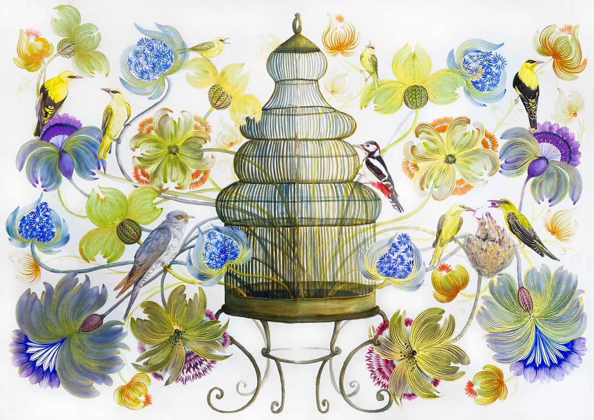 Impressionistic Animal Painting By Tetiana Savchenko, 39 X 28", Forest Song, Diptych, Forest Birds Among Lushly Blooming Flowers Of Green Shades, Artfinder