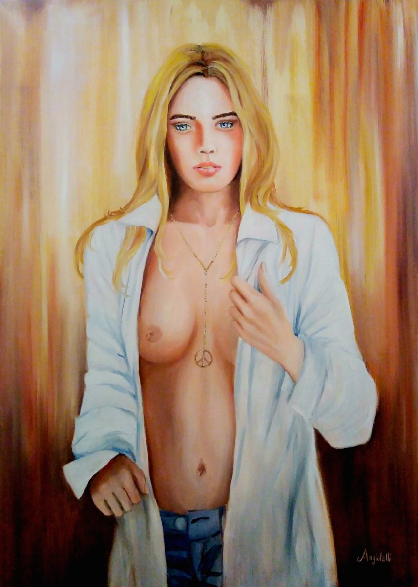 Photorealistic Portrait Painting By Anna Rita Angiolelli, 20 X 28, Make Love Not War, Original Artwork