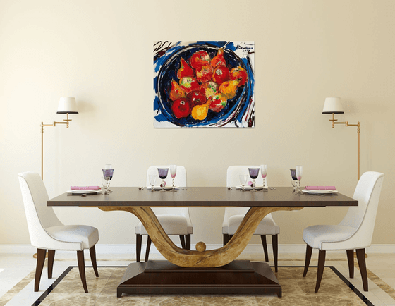 BLUE and RED - Still- life with fruits, original oil painting, mediim size gift, kitchen restaurant living room, dining room, birthday gift, apple pear, 73x85cm