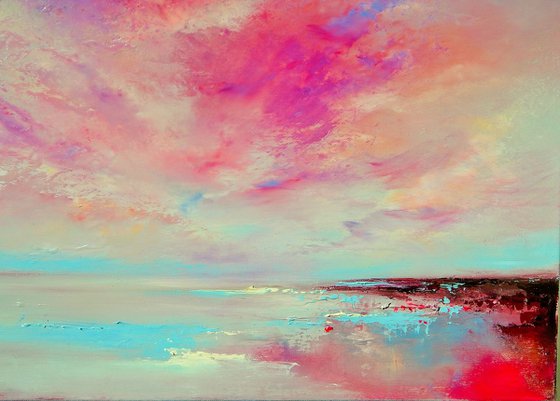 "Skies Ode" pink, gold, blue abstract painting, 73cm x 54cm