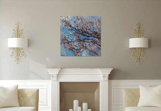 Flowering apricot tree - Original oil painting