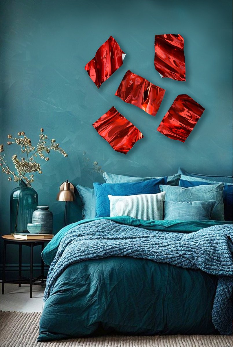 Geometric Abstract Sculpture By Anna Sidi-Yacoub, 29 X 29, Scattered Leaves In Red, Original Artwork