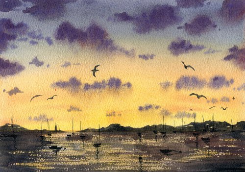 Sunset at the pier. Original watercolor artwork. by Evgeniya Mokeeva